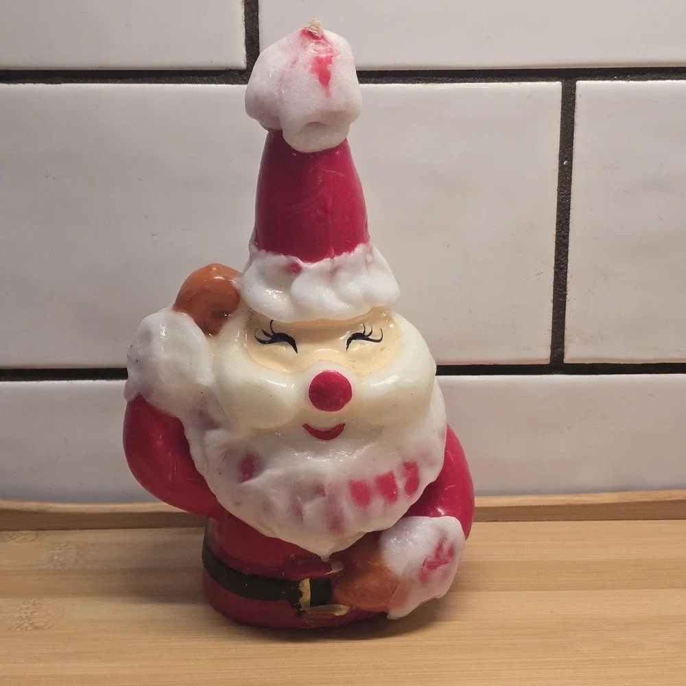 Vintage Winking Santa Clause Red White Christmas Novelty Wax Candle 7.5